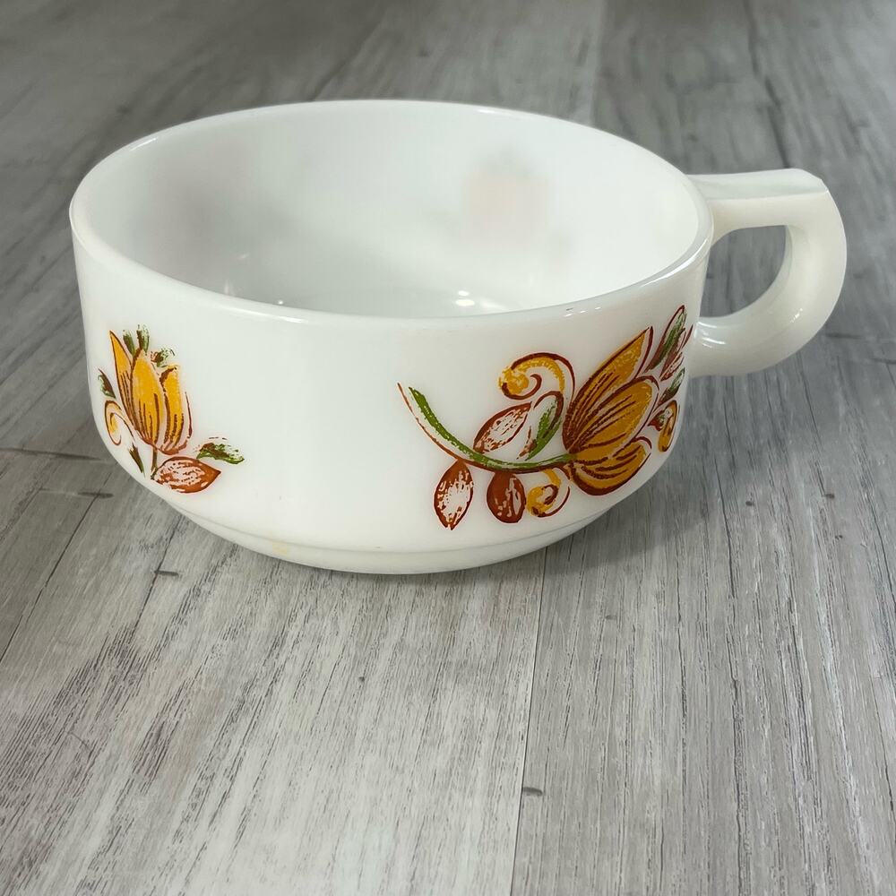 Vintage Glasbake Milk Glass Soup Mug Retro Yellow Orange Brown Floral Chili Cup